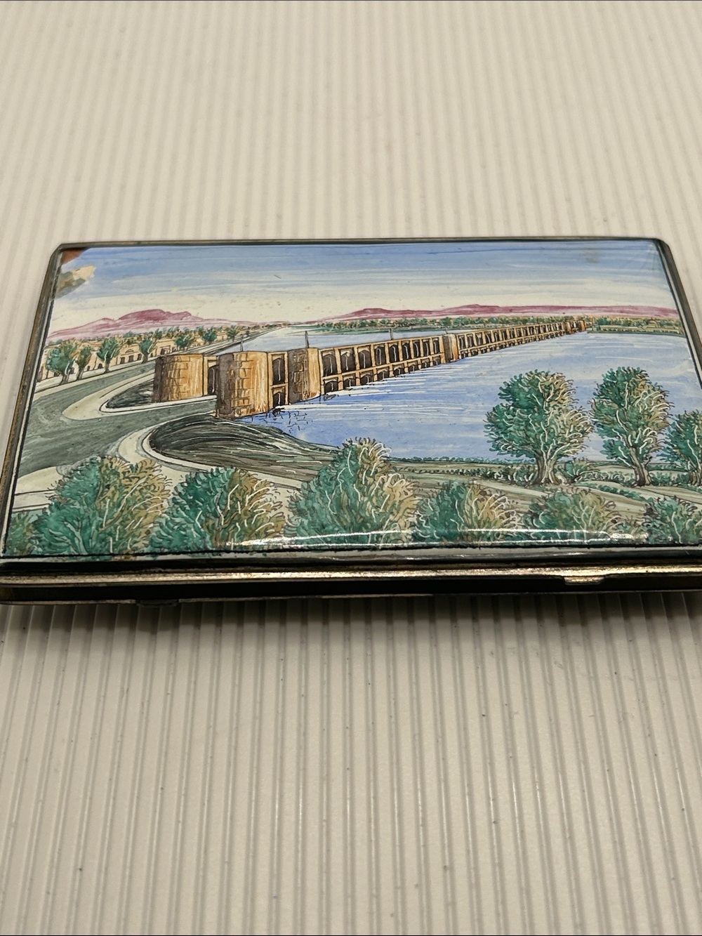 Vintage Enamel on Copper Scenic Bridge Compact Case in Blue and Green